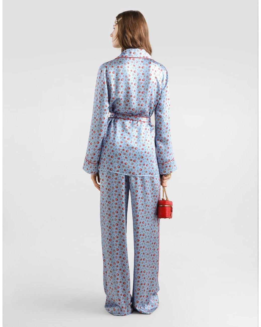 Dolce & Gabbana Blue Small Rose-Print Wide Silk Trousers