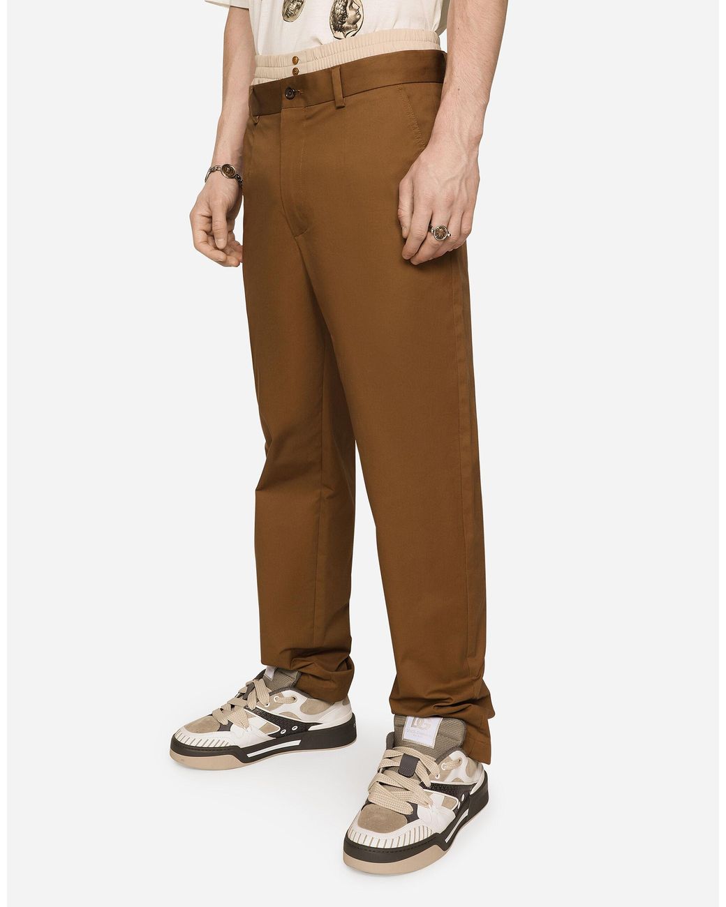 Dolce & Gabbana Stretch Gabardine Pants With Logo Label in Brown
