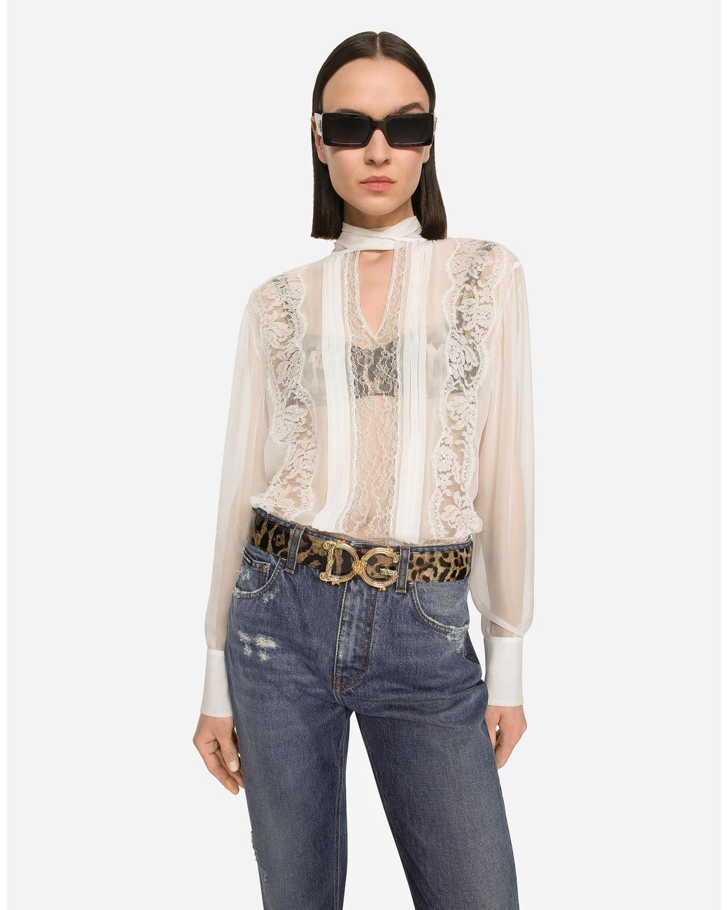 Dolce & Gabbana White Chiffon And Lace Pussy-Bow Blouse