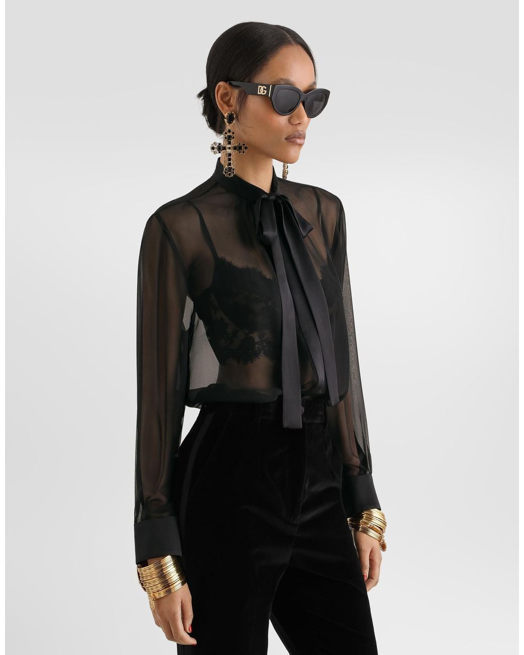 Dolce & Gabbana Black Chiffon Pussy-Bow Shirt