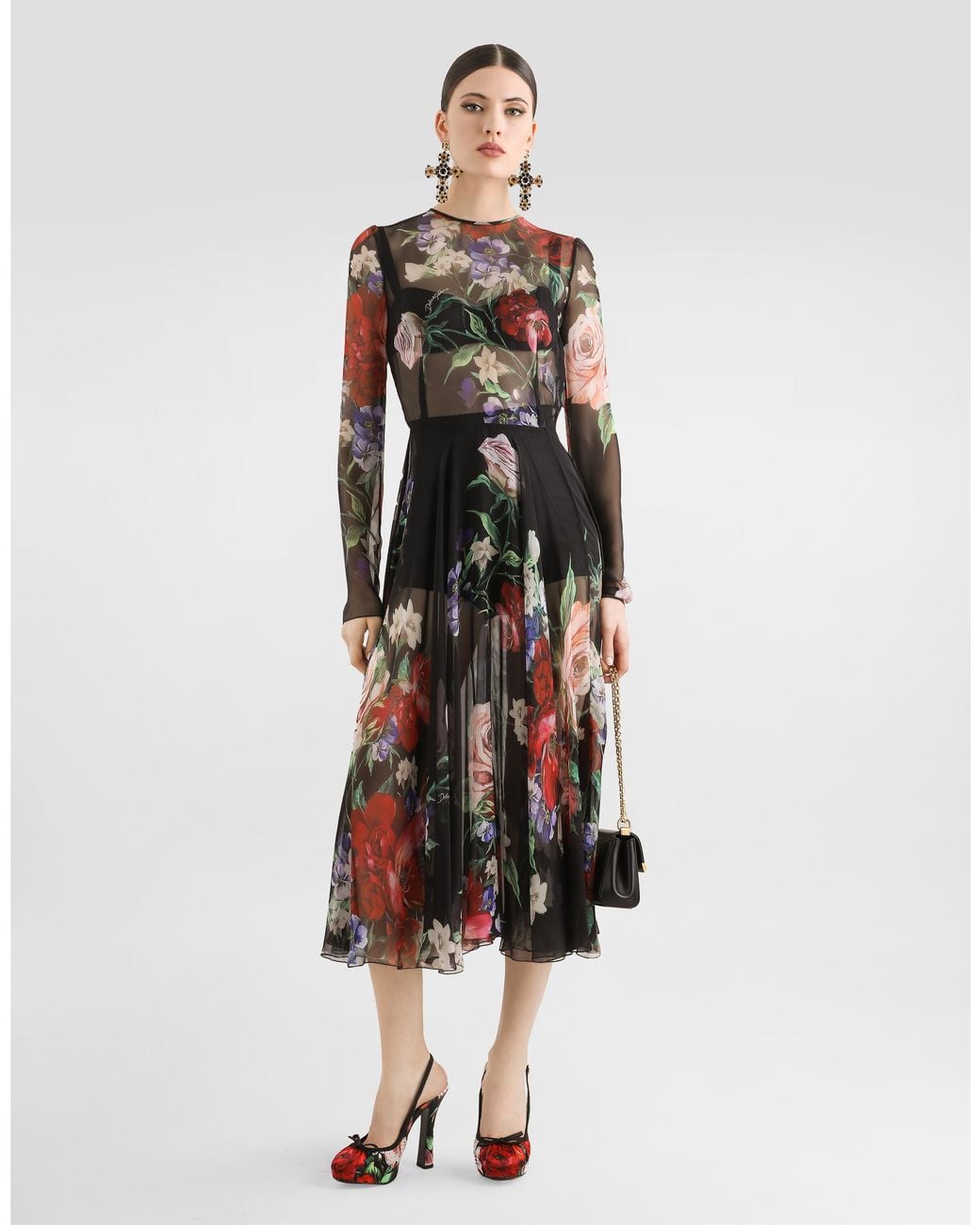 Dolce & Gabbana Multicolor Floral- Chiffon Calf-Length Dress With Circle Skirt