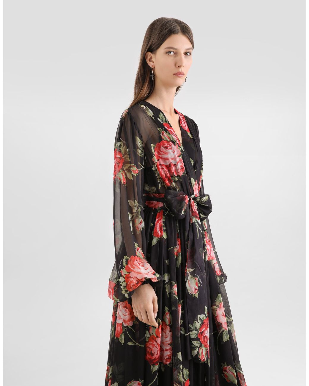 Dolce & Gabbana White Rose Bouquet-Print Chiffon Dress
