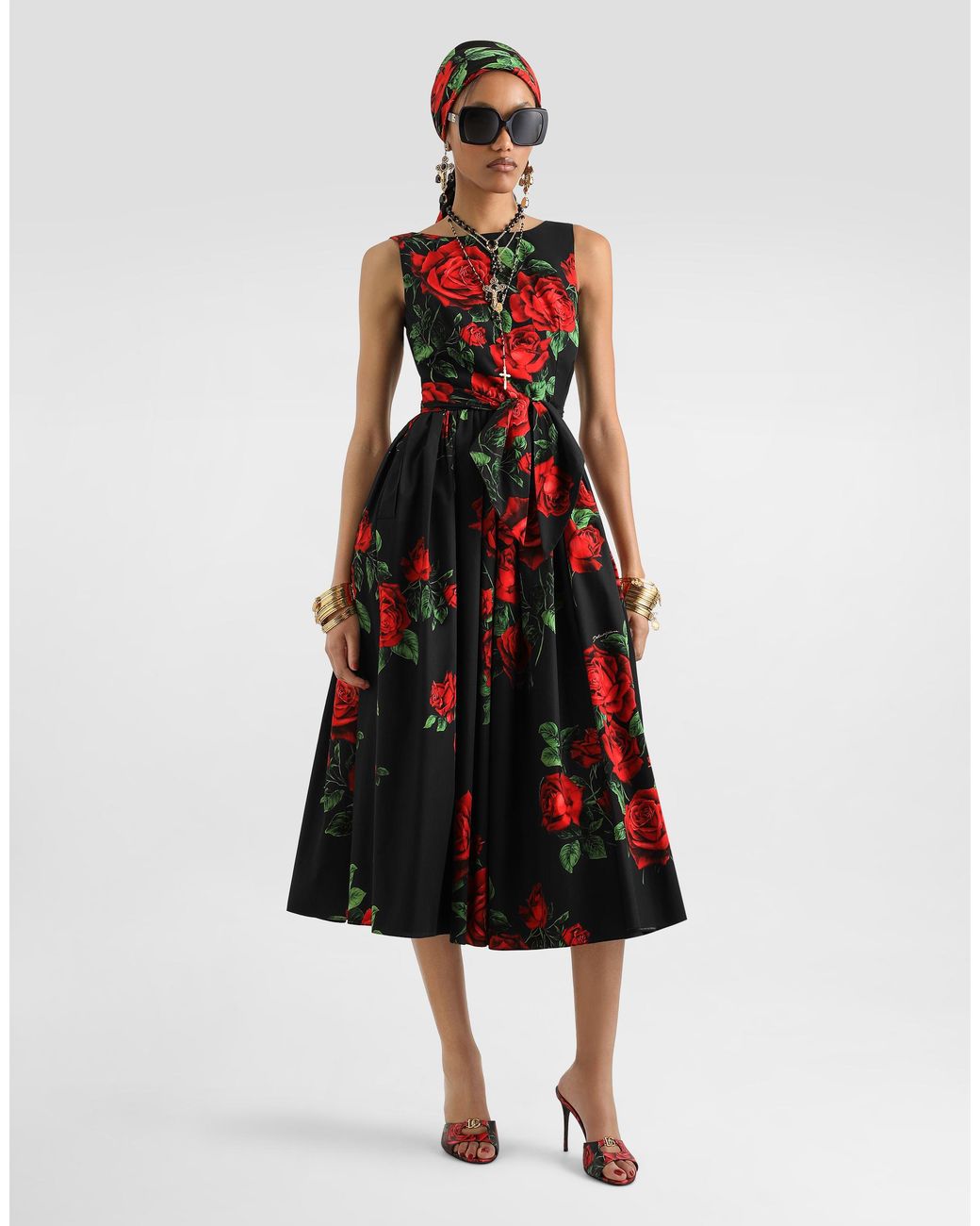 Robe En Popeline À Imprimé Roses Dolce & Gabbana en coloris Red