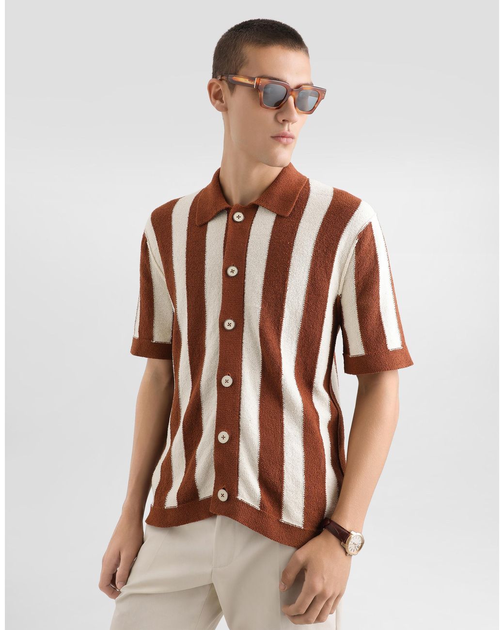 Dolce & Gabbana Brown Striped Knit Shirt for men