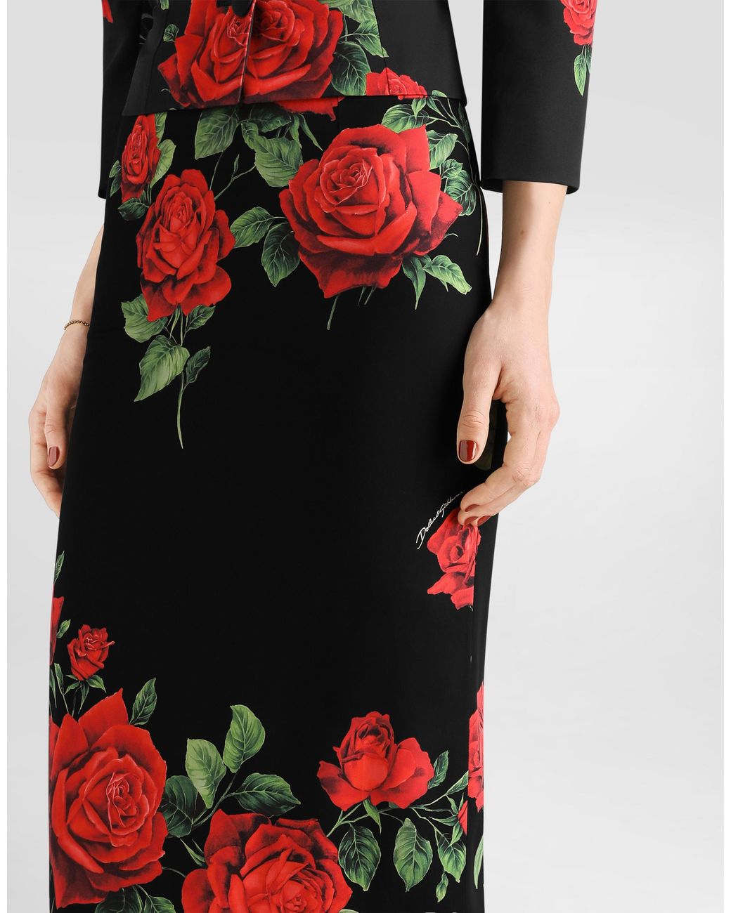 Dolce & Gabbana Red Rose-Print Charmeuse Skirt