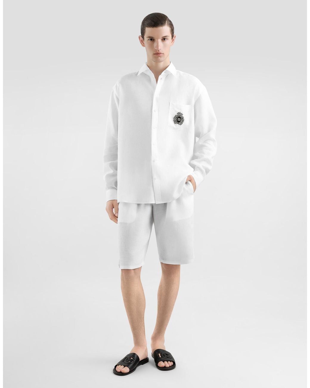 Dolce & Gabbana White Linen Shirt With Heraldic Patch for men