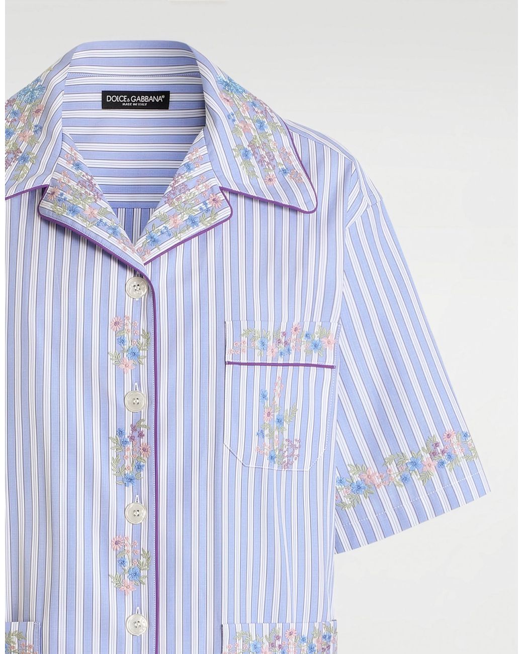 Dolce & Gabbana Blue Cotton Shirt With Flower Embroidery