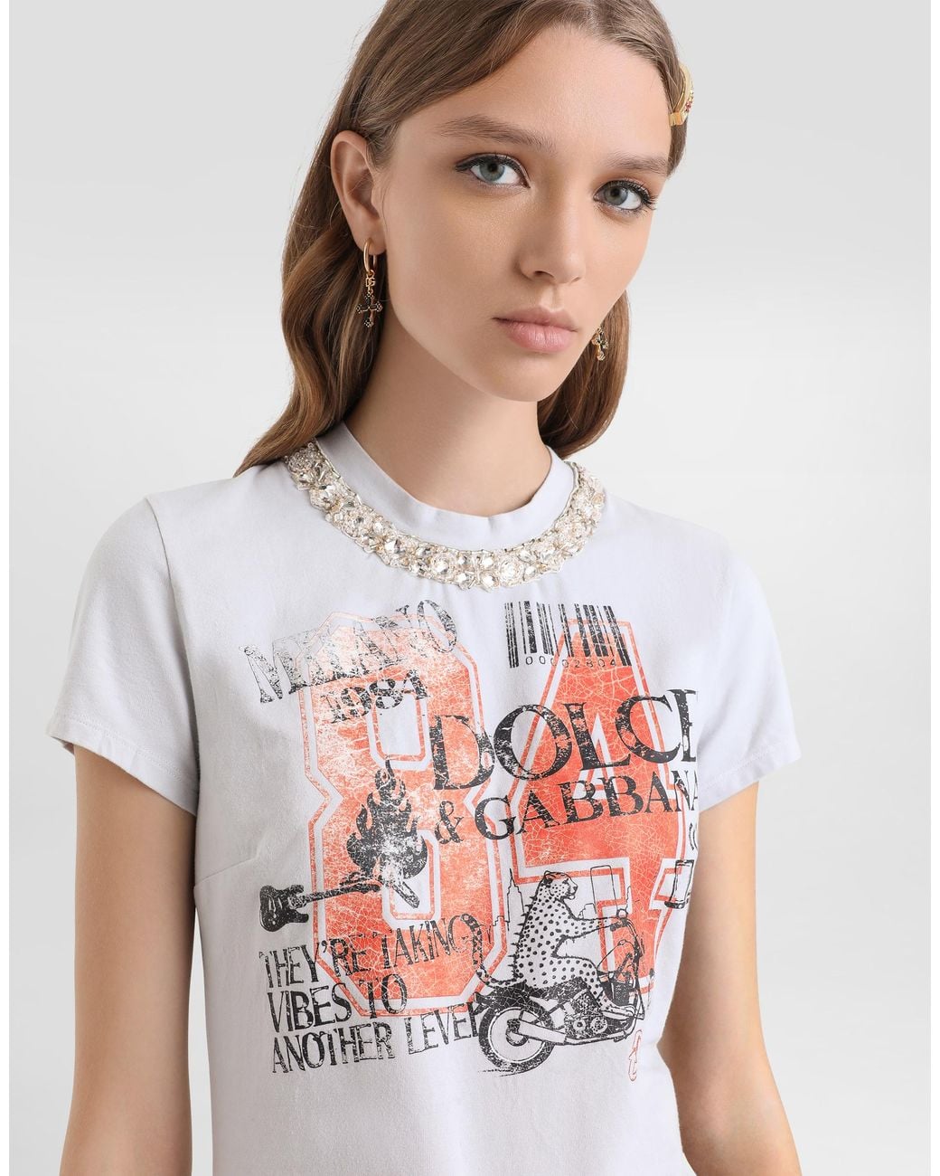 Dolce & Gabbana White Jersey T-Shirt With Print And Crystals