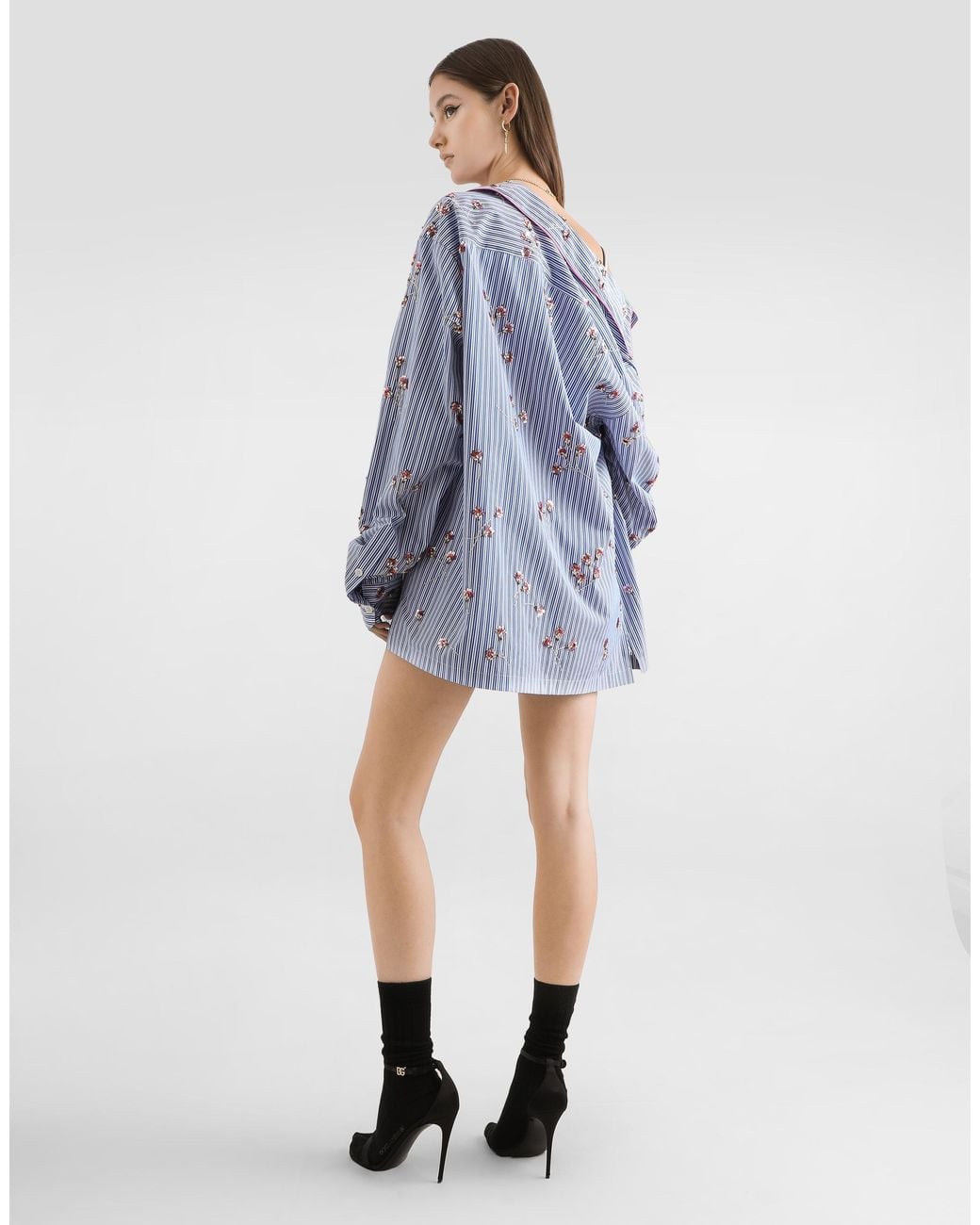 Dolce & Gabbana Blue Poplin Shirt With Crystal Flower Embroidery