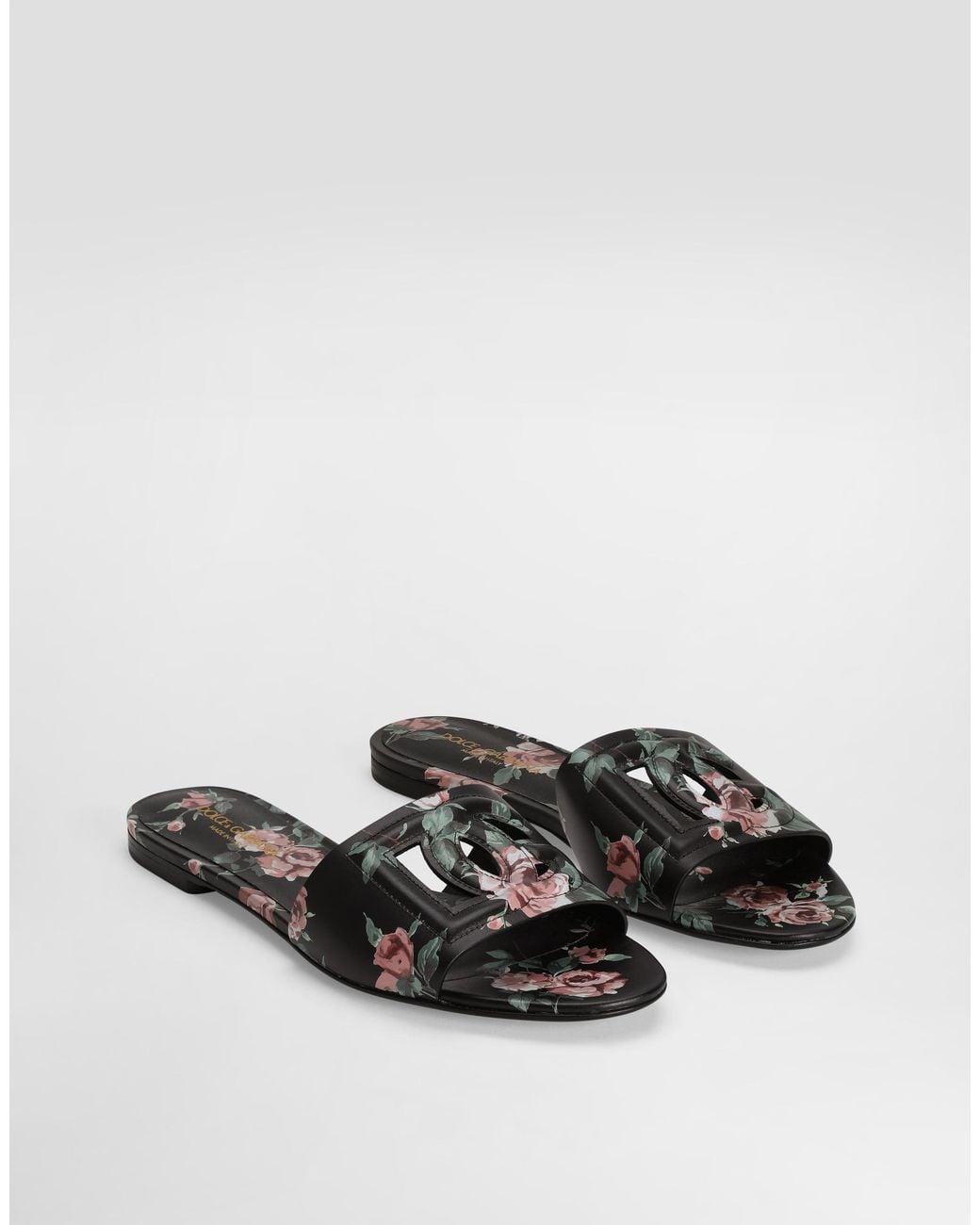 Dolce & Gabbana White Calfskin Flat Slippers With Rose Print