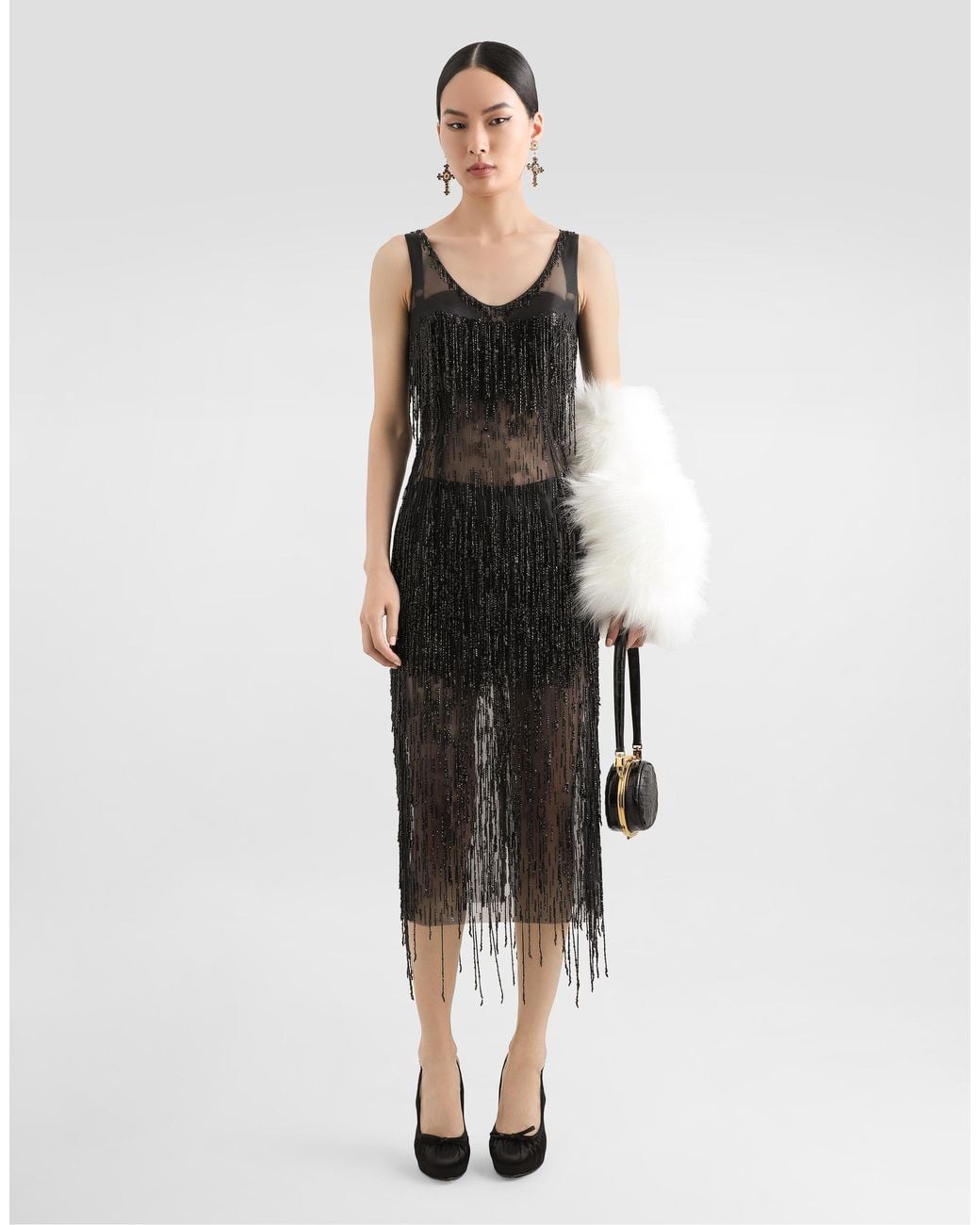 Dolce & Gabbana Black Sleeveless Calf-Length Marquisette Dress With Sequined Fringing