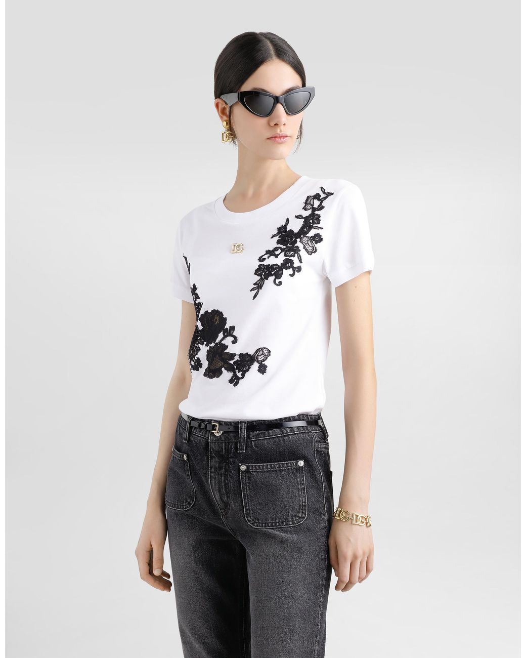 Dolce & Gabbana White Jersey T-Shirt With Dg Logo Pin And Lace Details