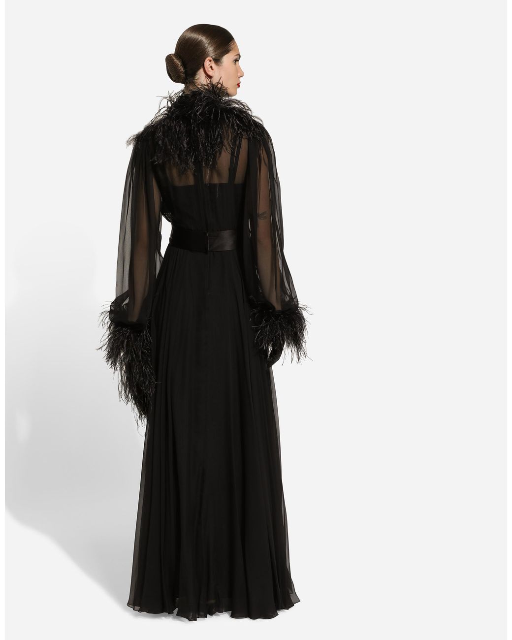 Dolce & Gabbana Black Long Silk Chiffon Dress With Ostrich Feather Details