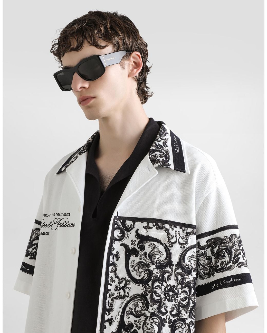 Dolce & Gabbana White Majolica-Print Hawaii Double Piqué Shirt for men