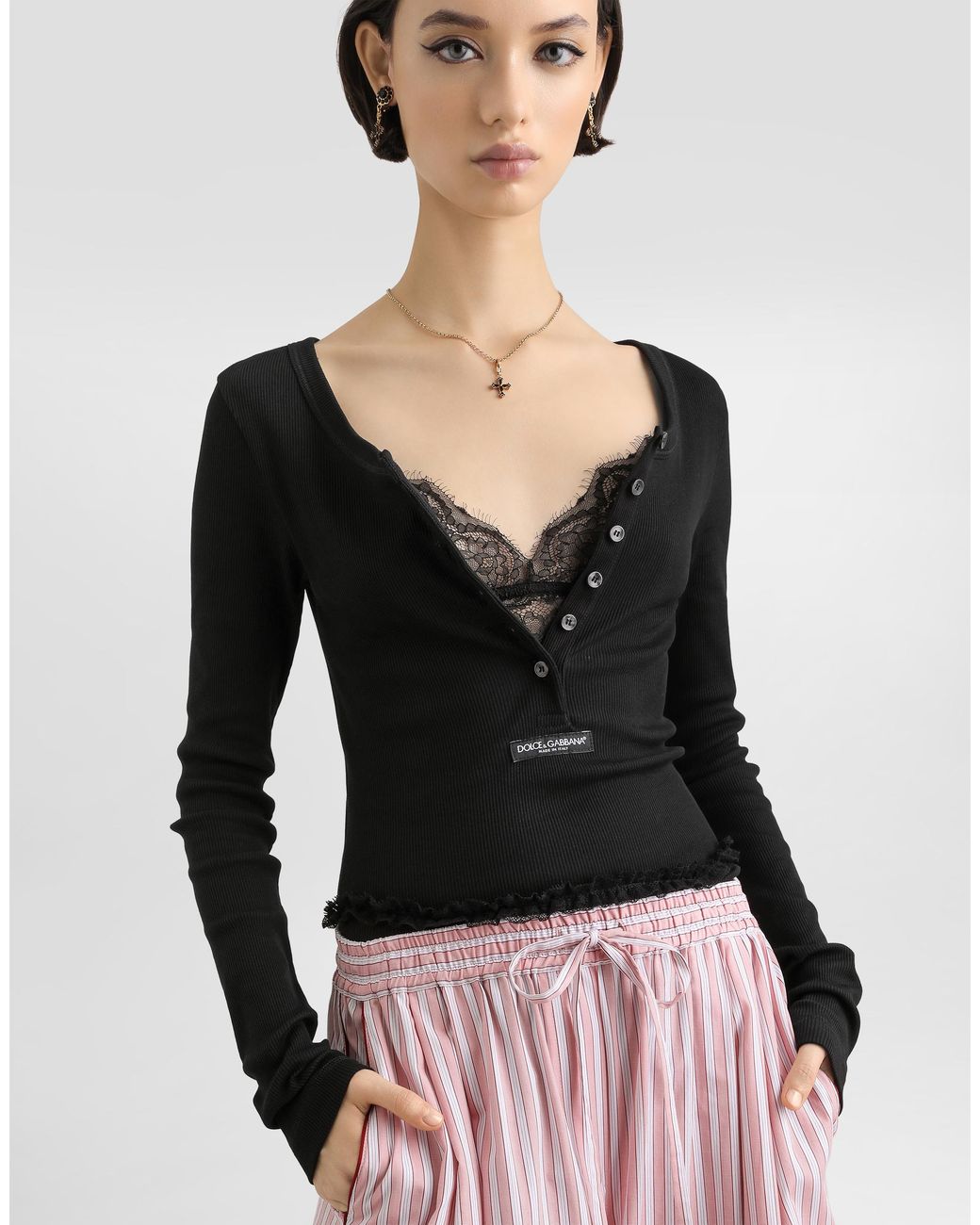 Dolce & Gabbana Black Ribbed Cotton Serafino T-Shirt