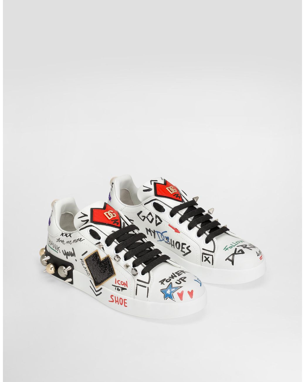 Dolce & Gabbana White Printed Leather Portofino Sneakers