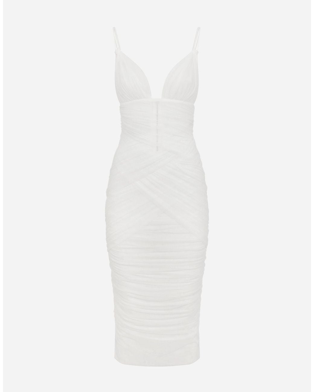 Dolce & Gabbana White Tulle Draped Calf-Length Dress