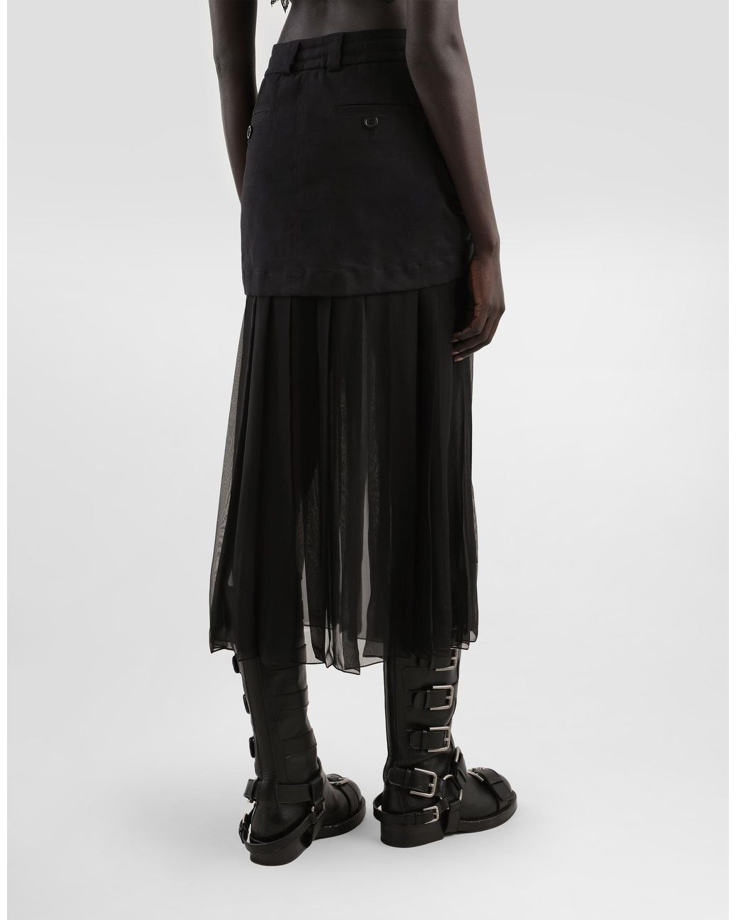 Dolce & Gabbana Black Twill Midi Skirt With Chiffon