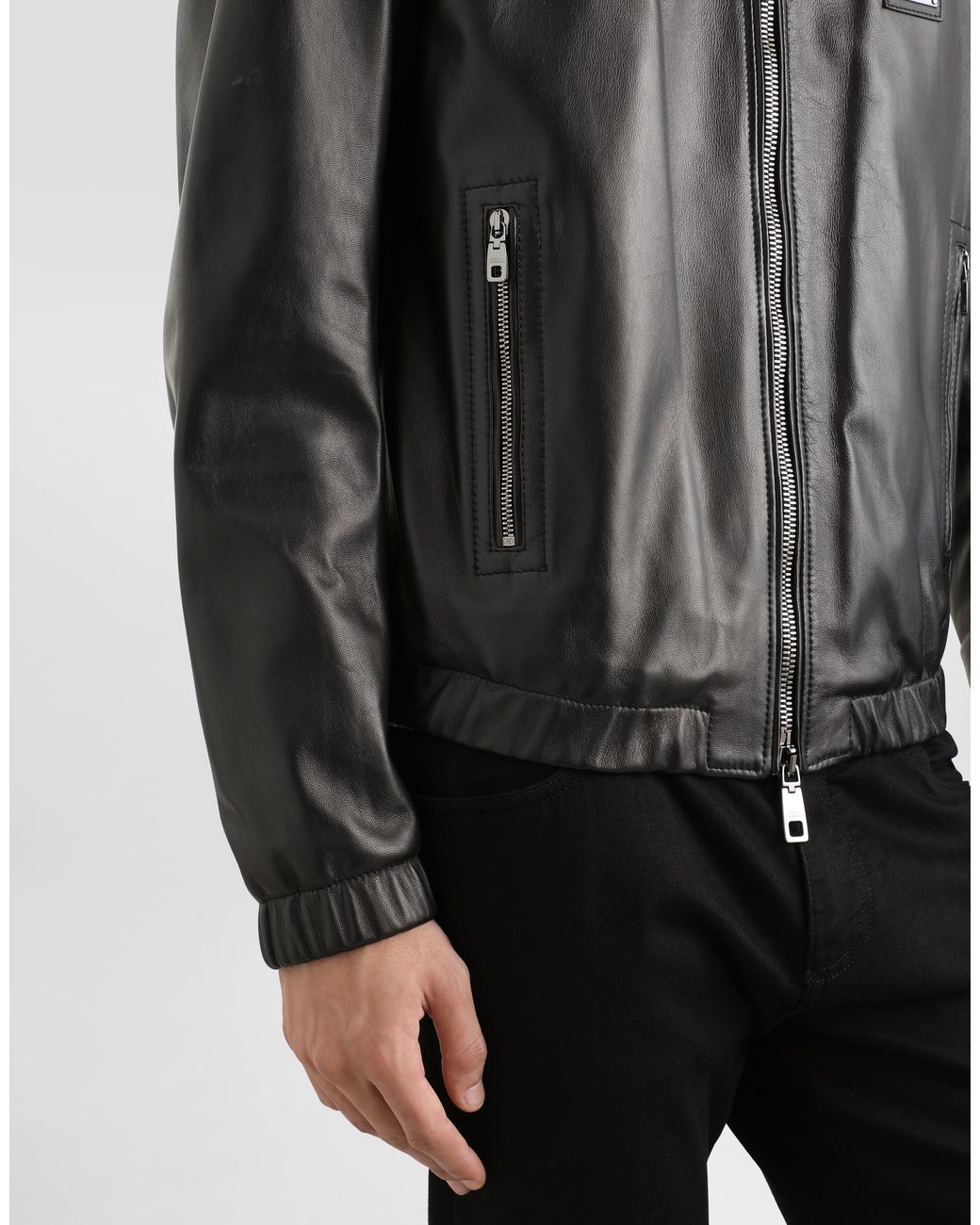 Dolce & Gabbana Black Lamb Leather Jacket With Front Metal Logo Plaque for men