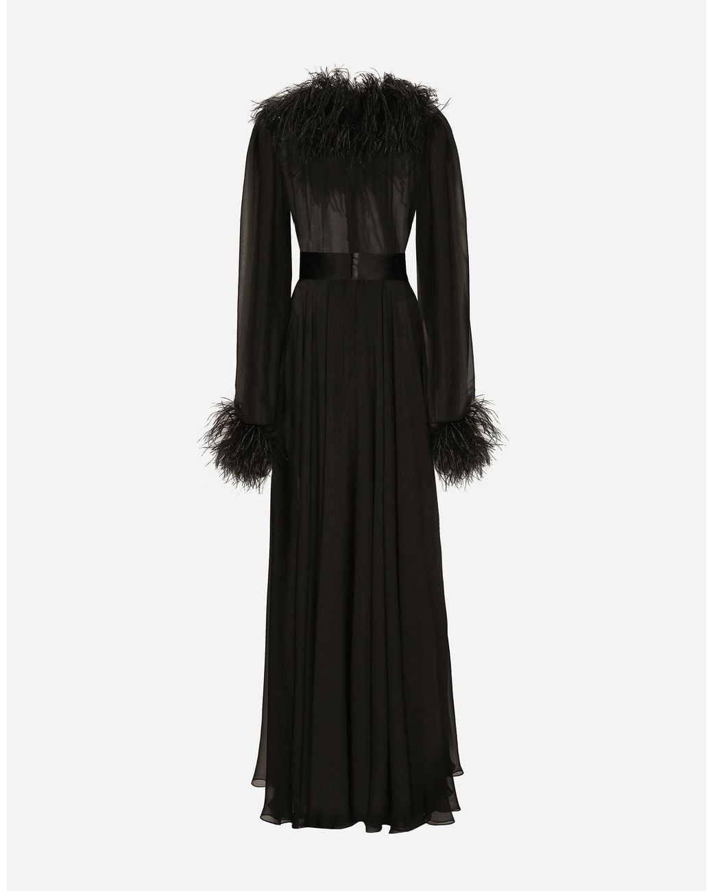 Dolce & Gabbana Black Long Silk Chiffon Dress With Ostrich Feather Details