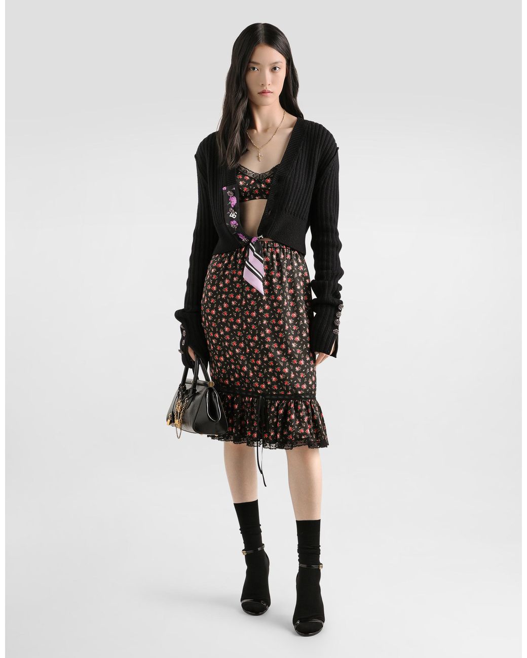 Dolce & Gabbana Black Wool Cardigan With Offset Rib
