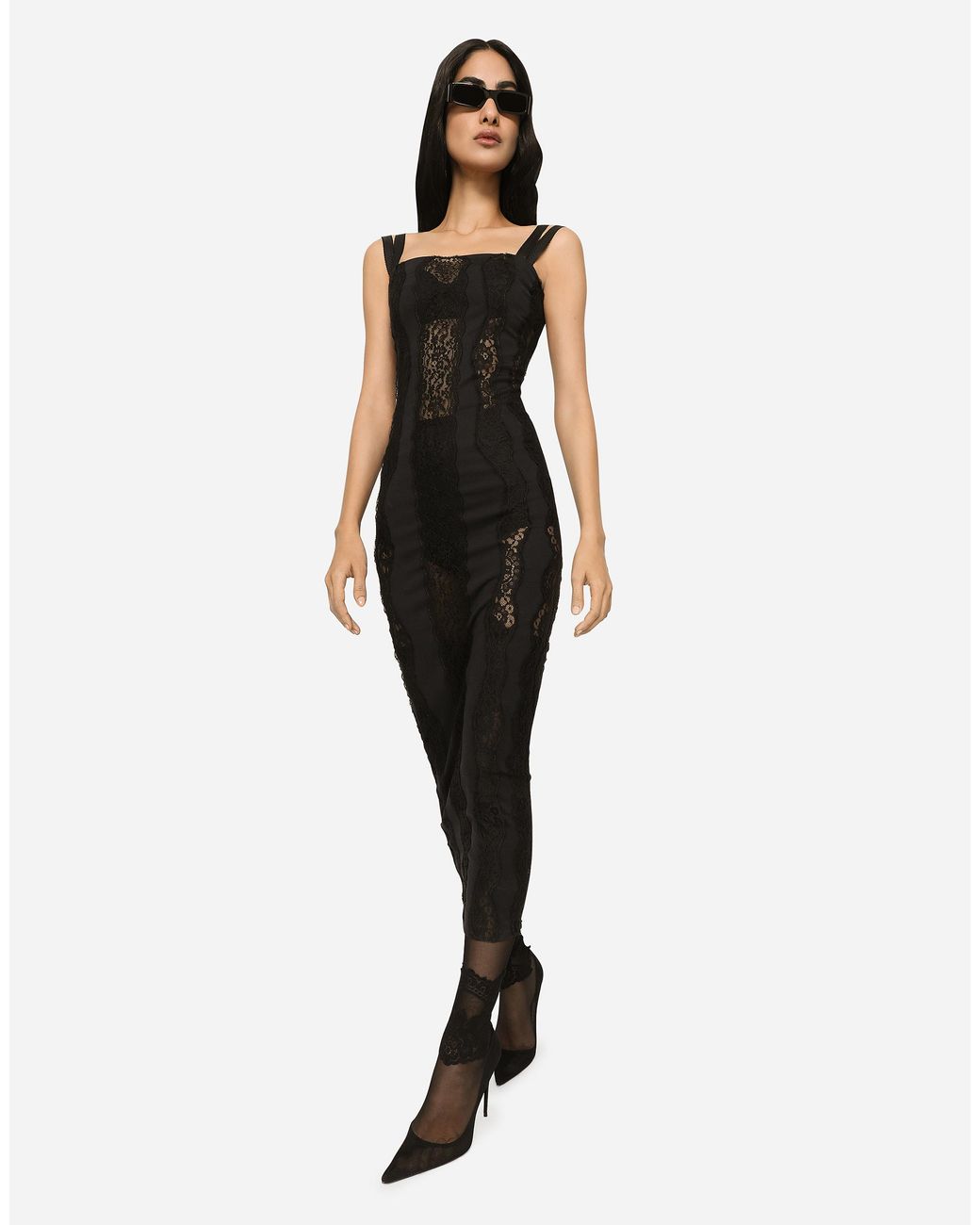 Dolce & Gabbana Black Longuette-Kleid Aus Jersey Mit Einsätzen Aus Spitze