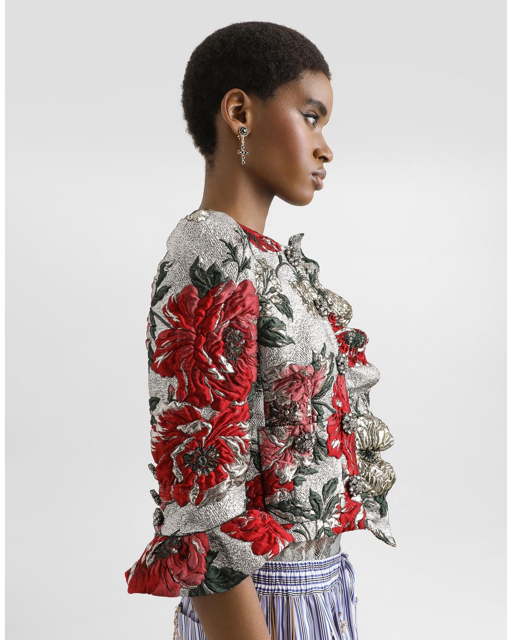 Dolce & Gabbana White Single-Breasted Floral Jacket With Ruffles