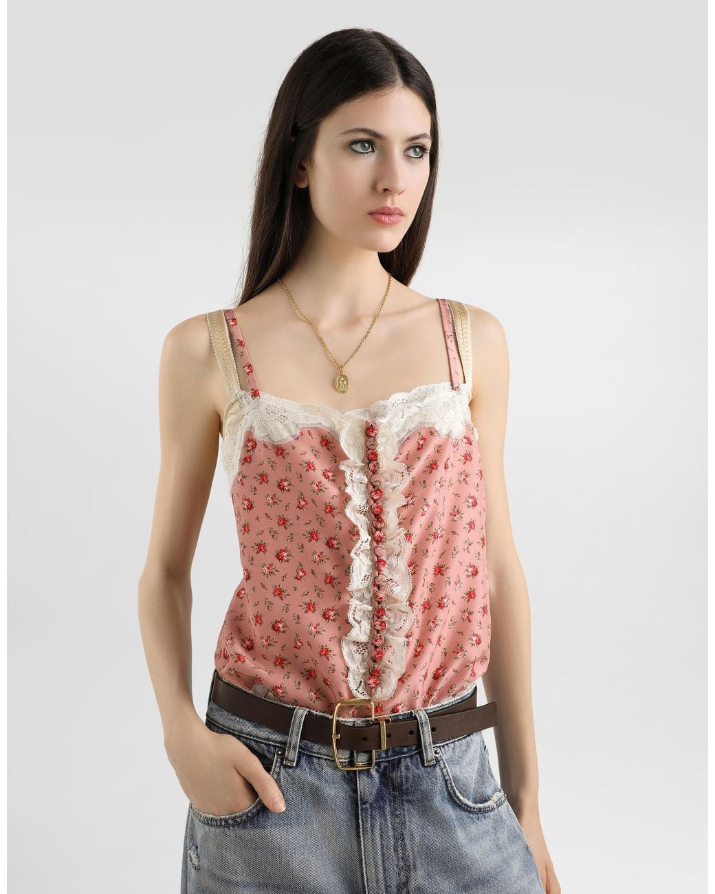 Dolce & Gabbana Pink Small Rose-Print Silk Top