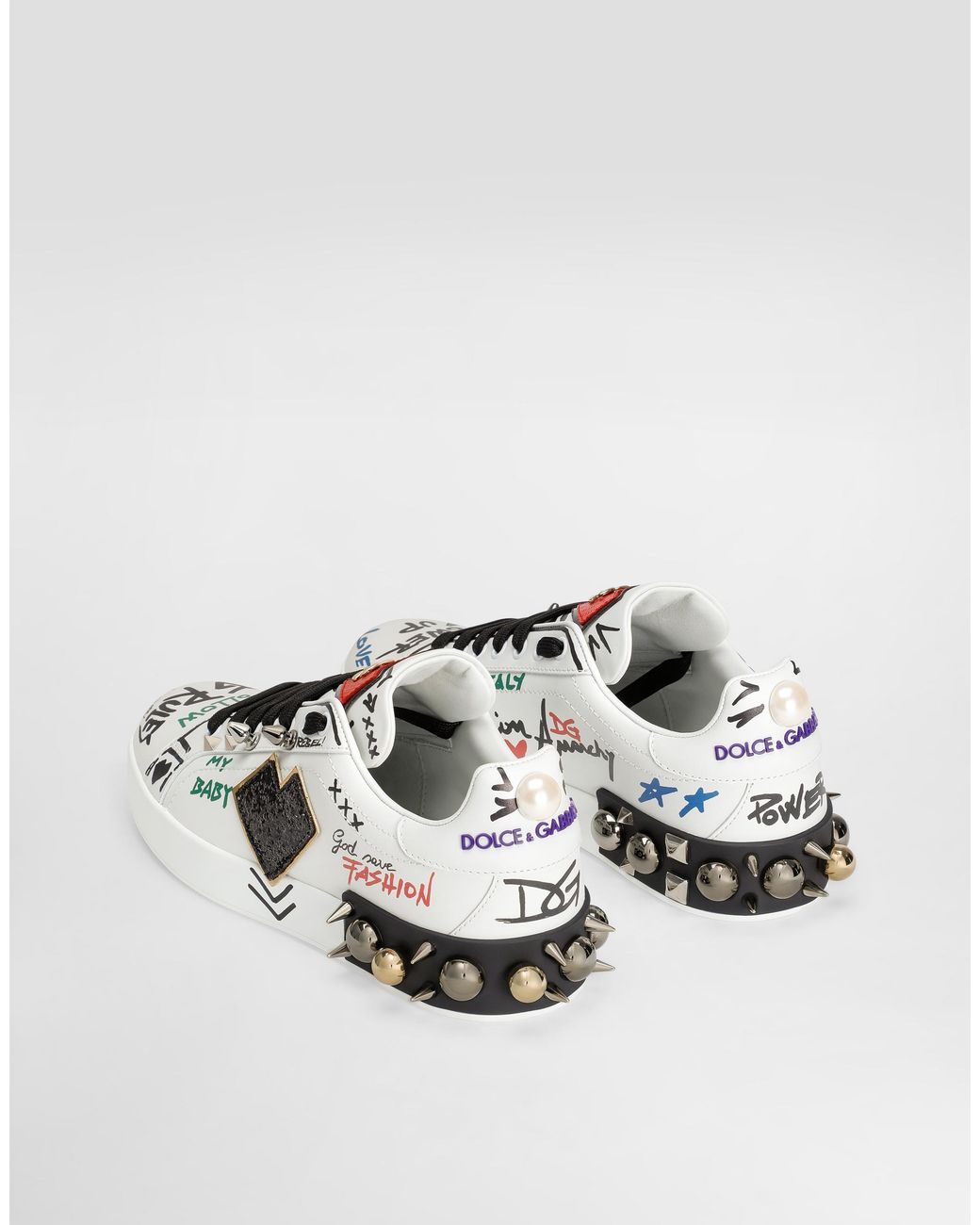 Dolce & Gabbana White Printed Leather Portofino Sneakers