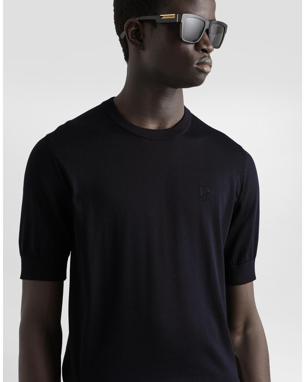 Dolce & Gabbana Black Silk Round-Neck Sweater With Dg Embroidery for men