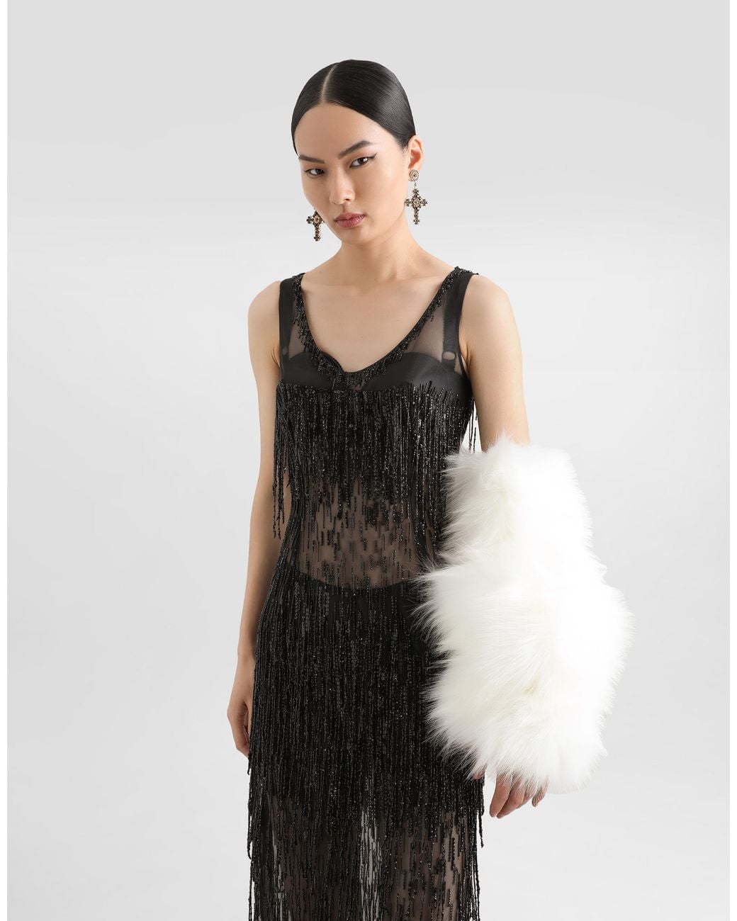 Dolce & Gabbana Black Sleeveless Calf-Length Marquisette Dress With Sequined Fringing