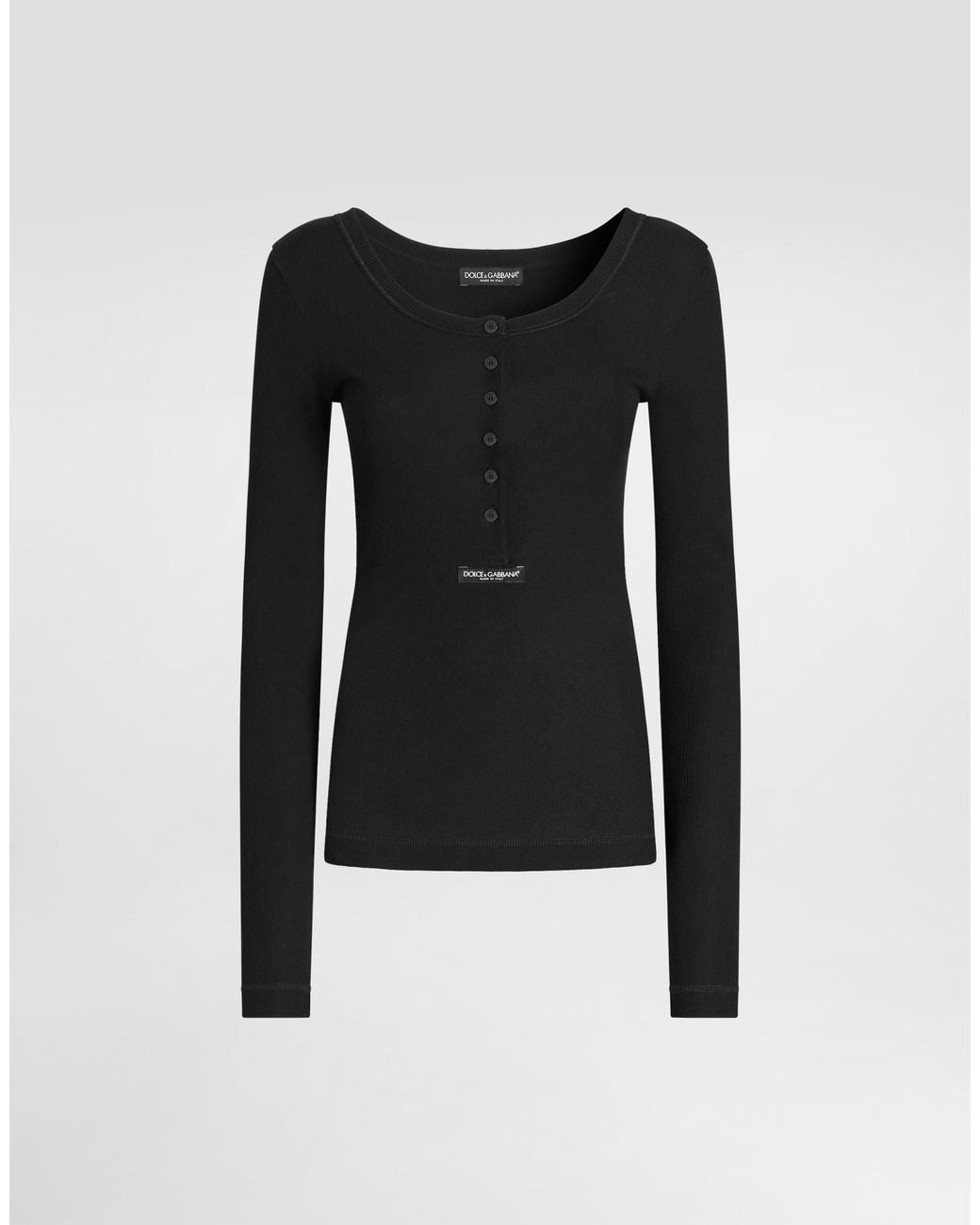 Dolce & Gabbana Black Ribbed Cotton Serafino T-Shirt