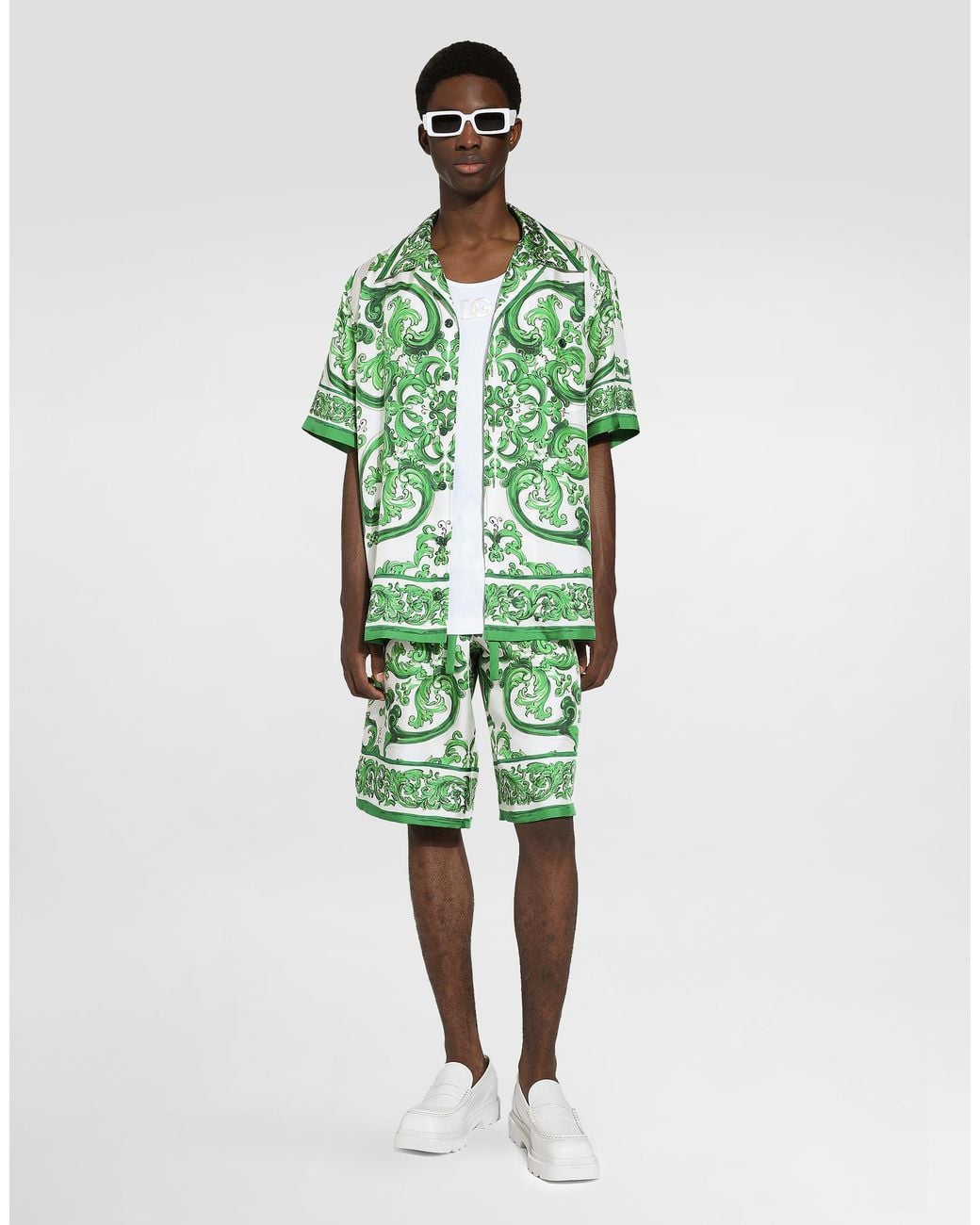 Dolce & Gabbana Green Silk Twill Hawaiian Shirt With Majolica for men