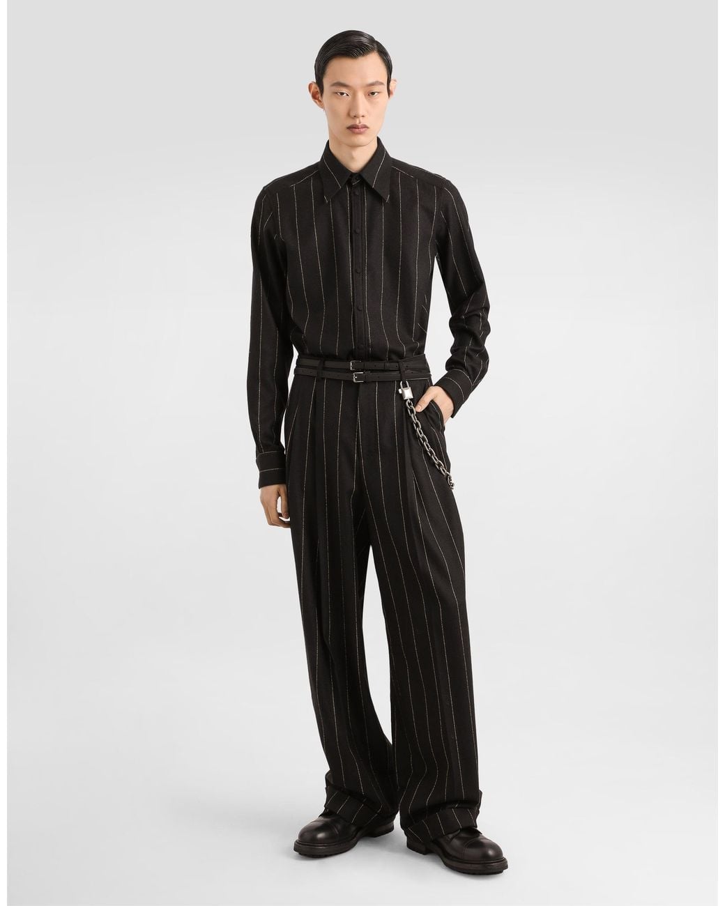 Dolce & Gabbana Black Pinstriped Flannel Trousers for men