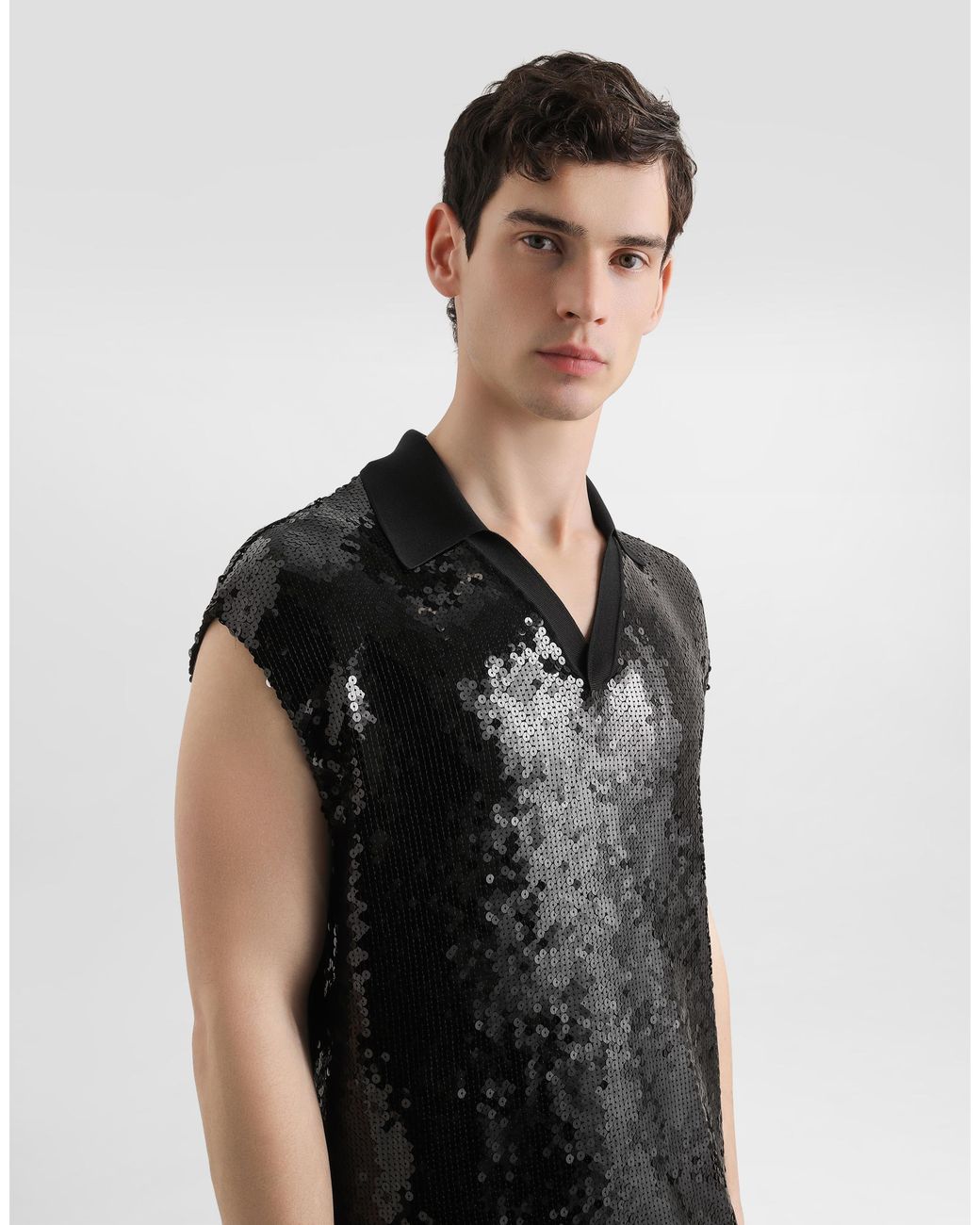 Dolce & Gabbana Black Sleeveless Polo With Sequins for men