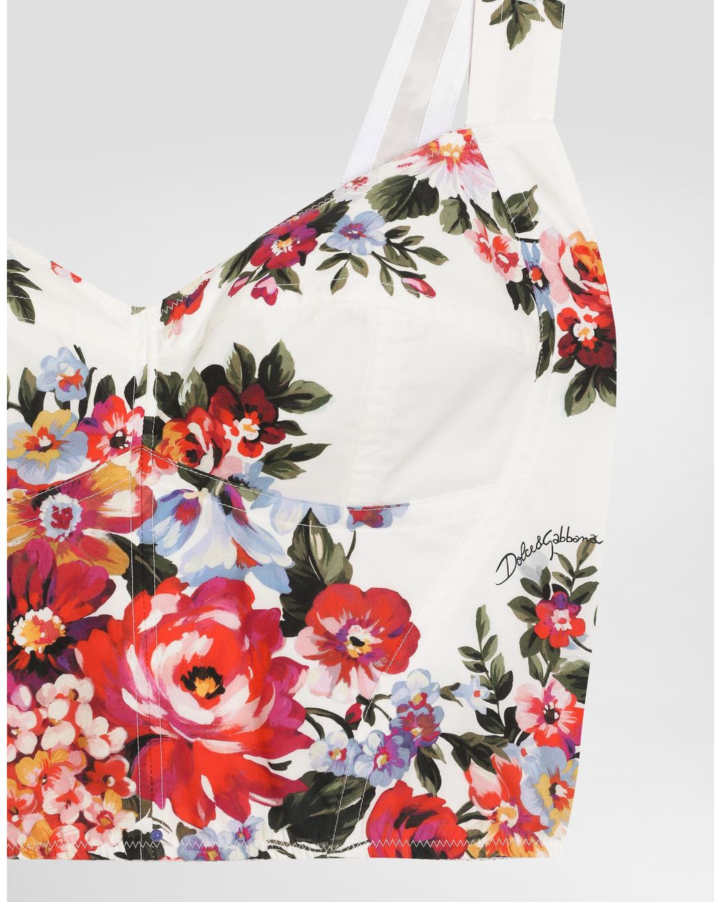 Dolce & Gabbana White Flower Bouquet-Print Cotton Bustier Top