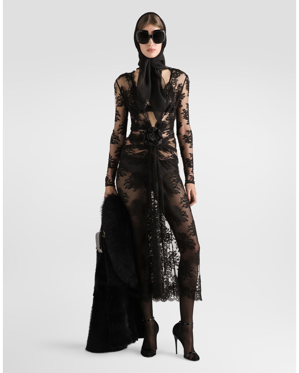 Dolce & Gabbana Black Lace Dress With Bow