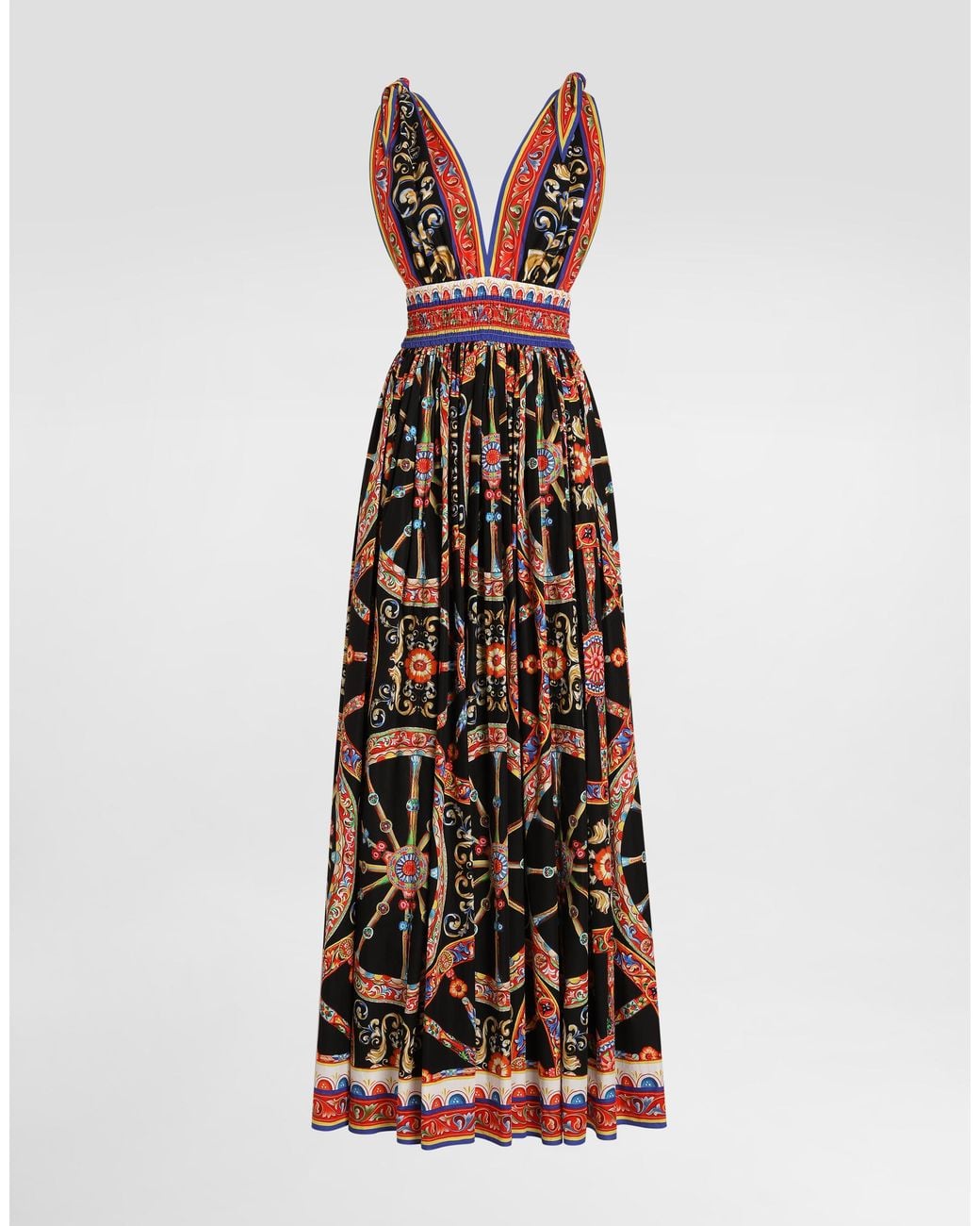 Dolce & Gabbana White Carretto-Print Long Poplin Dress