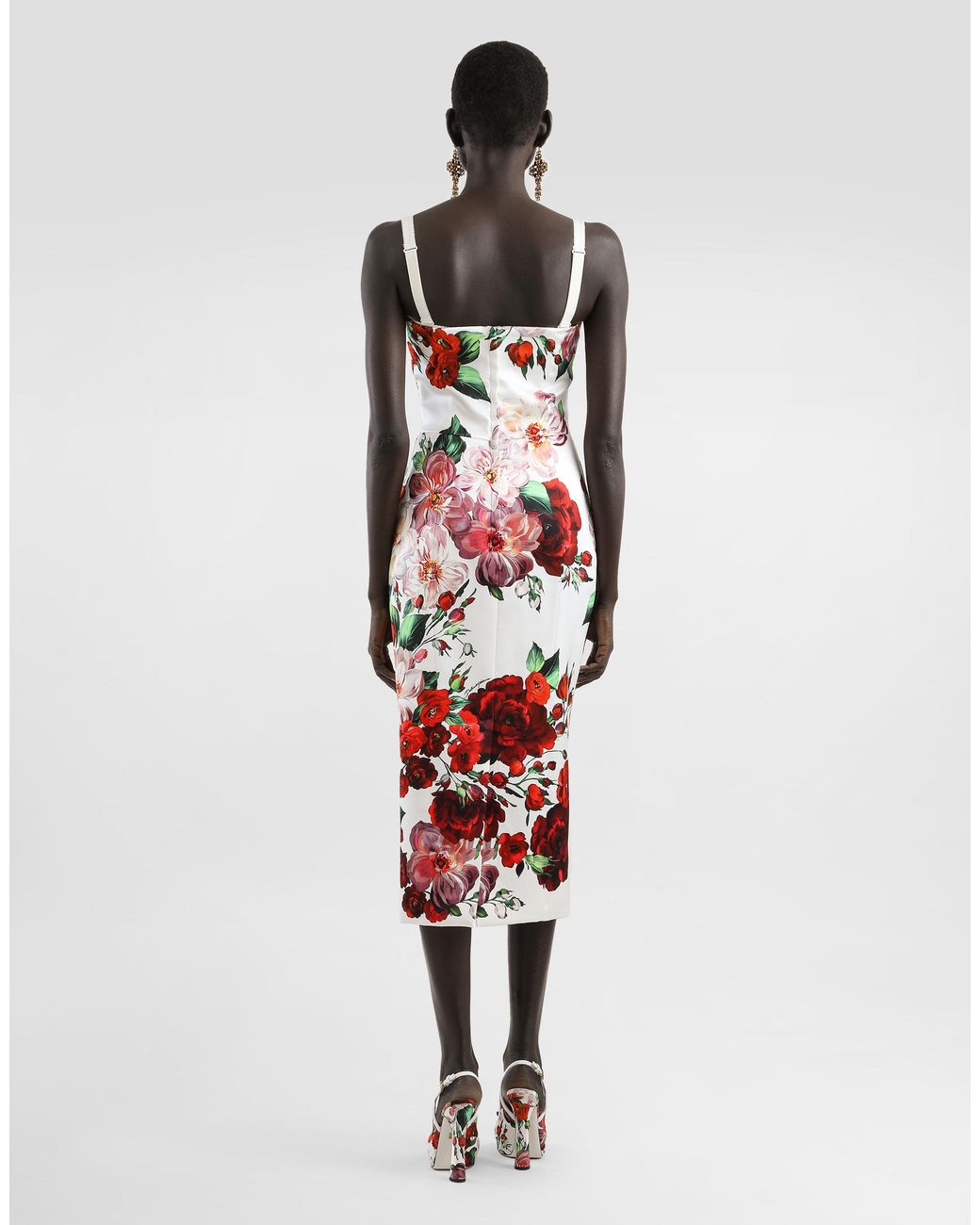 Dolce & Gabbana White Strapless Satin Calf-Length Dress With Rose