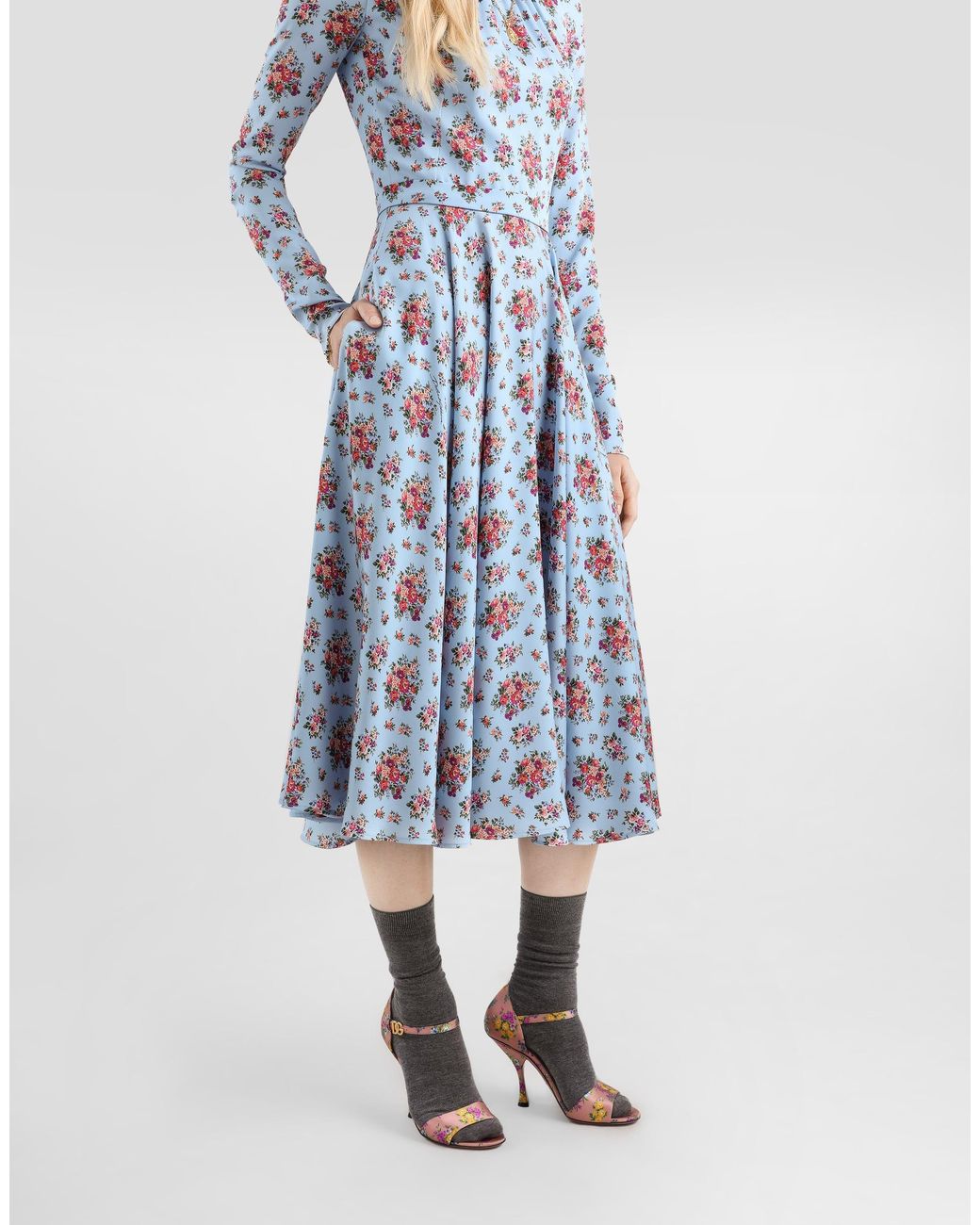 Dolce & Gabbana Blue Small Flower Bouquets-Print Long Charmeuse Dress