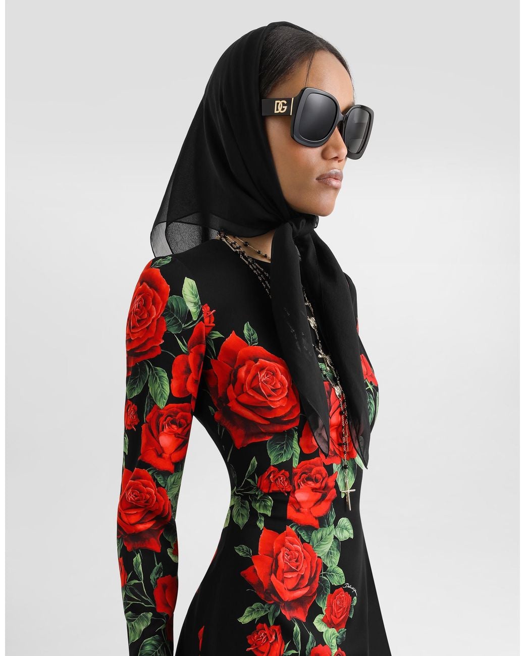 Dolce & Gabbana Red Rose-Print Charmeuse Dress