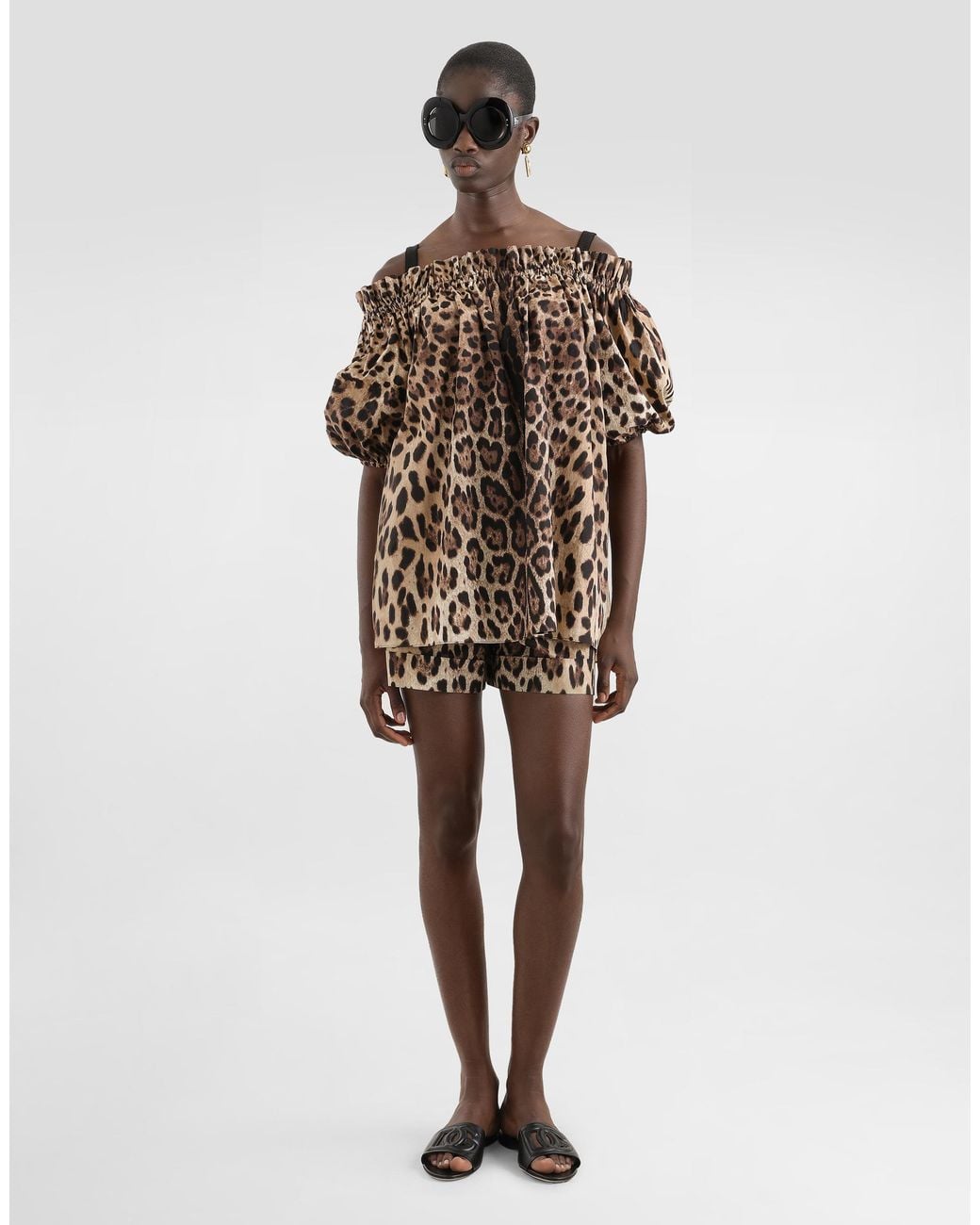Dolce & Gabbana Natural Short-Sleeved Leopard-Print Poplin Top