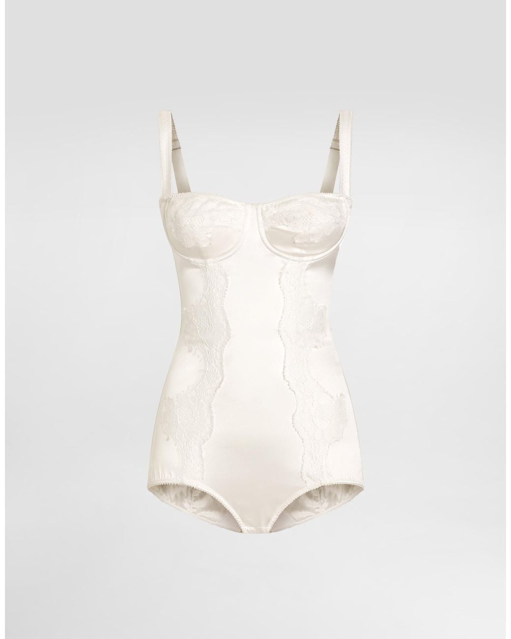 Dolce & Gabbana White Silk Balconette-Bra Bodysuit With Lace Detailing