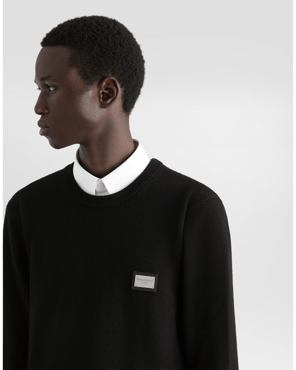 Dolce & Gabbana Black Wool Round-Neck Sweater With Branded Tag for men