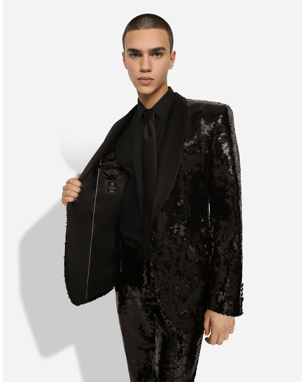 Dolce & Gabbana Black Sequined Single-Breasted Sicilia-Fit Tuxedo Suit for men