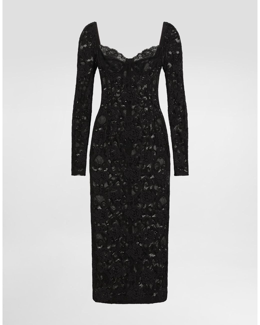 Dolce & Gabbana Black Calf-Length Floral Lace Dress With Bra-Style Cups