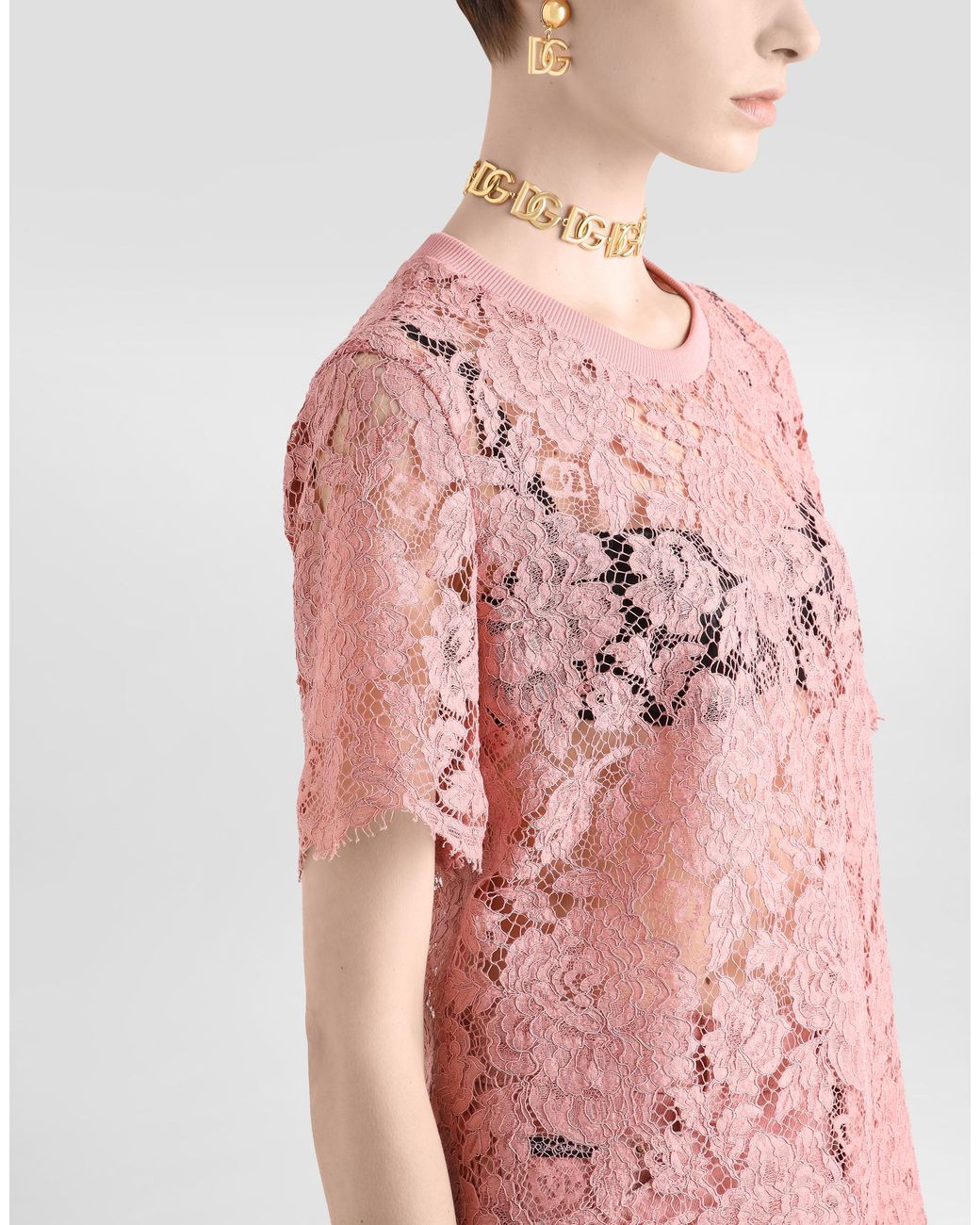 Dolce & Gabbana Pink Short-Sleeved Cordonetto Lace T-Shirt