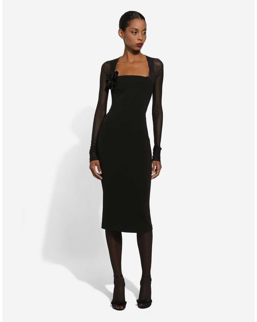 Dolce & Gabbana Black Jersey Calf-Length Dress With Tulle Sleeves