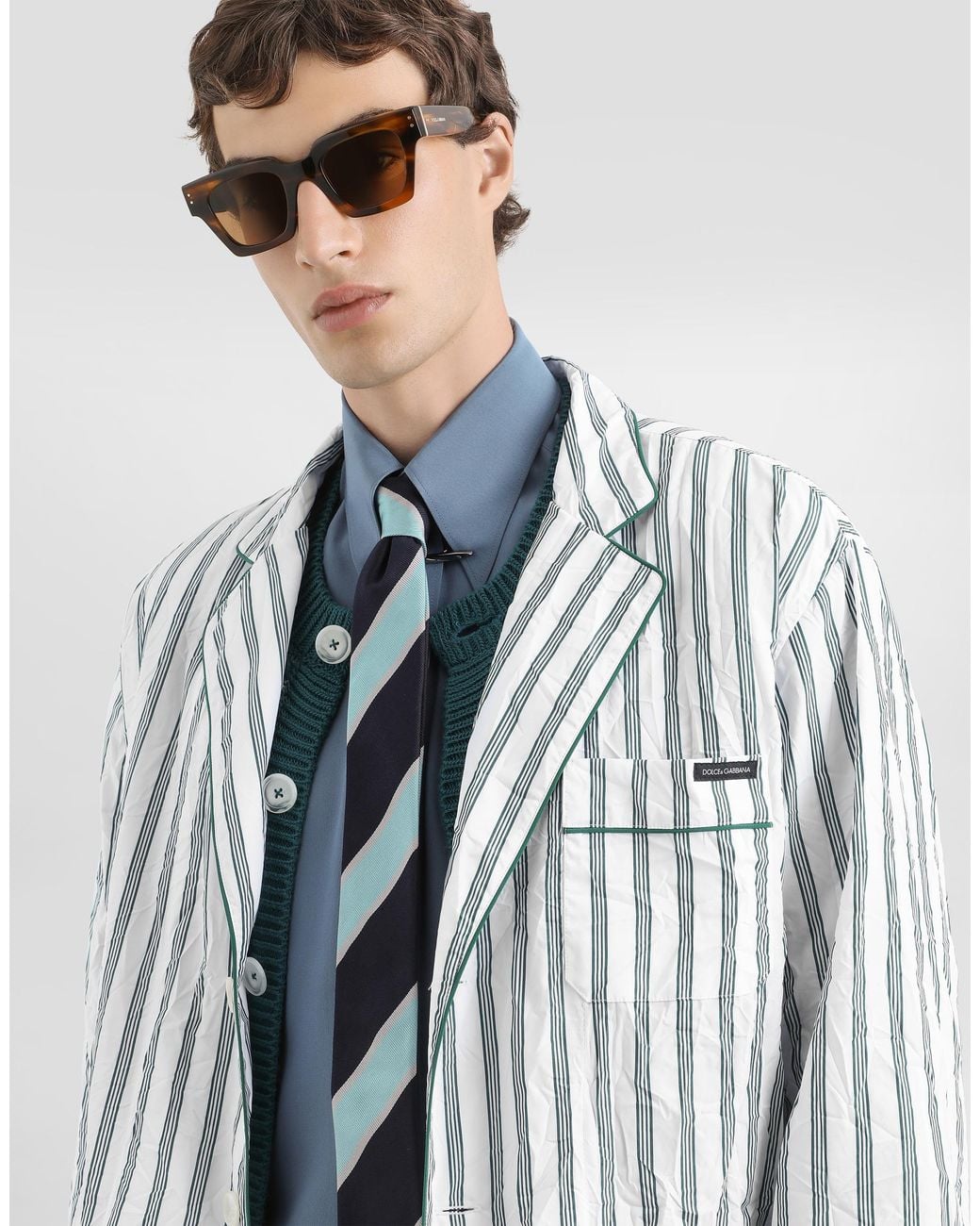 Dolce & Gabbana White Crinkled Striped Poplin Vanity Robe for men
