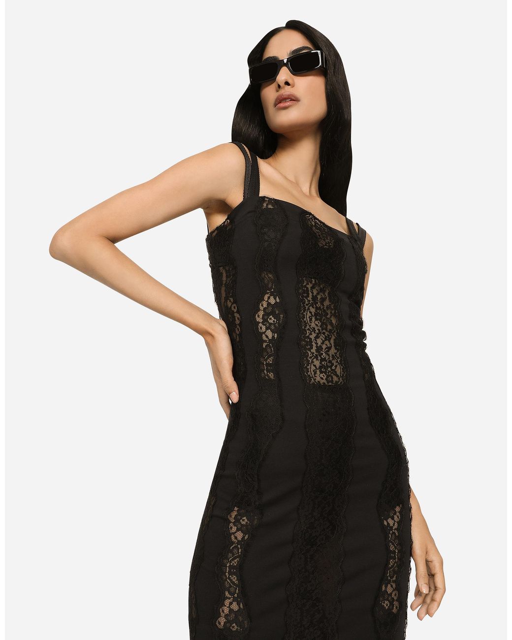 Dolce & Gabbana Black Longuette-Kleid Aus Jersey Mit Einsätzen Aus Spitze